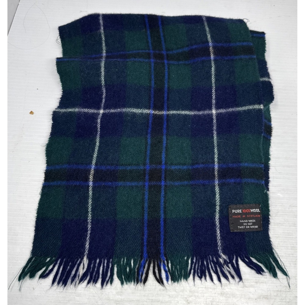 Vintage‎ Pure Wool Scarf Black watch Plaid Fringe Made In Scotland Preppy
